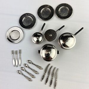 Dollhouse Miniature Metal Kitchenware Bundle Plates Silverware Pots and Pans
